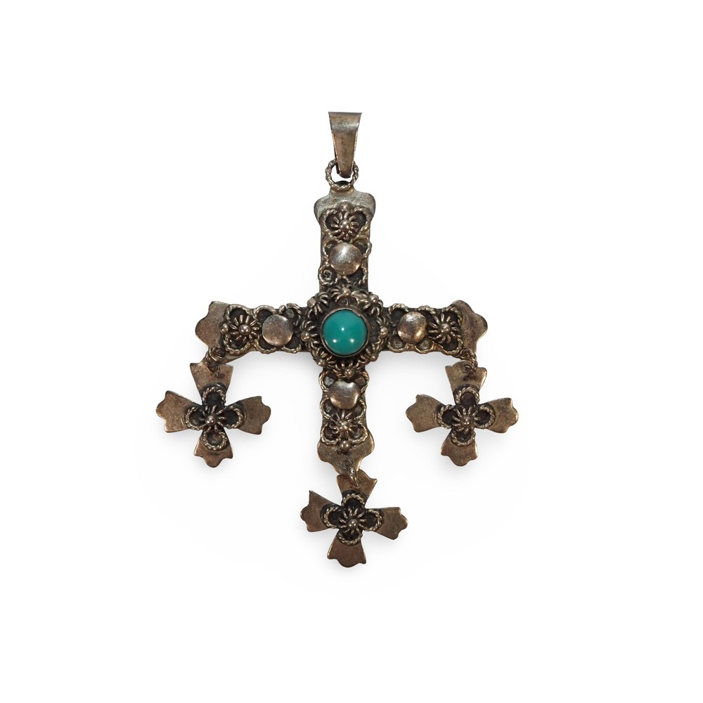 Vintage Taxco Mexican Sterling Silver Yalalag Cross Pendant Green Stone 3"